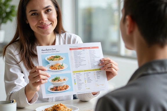Dietetyk prezentuje spersonalizowany plan posiłków, pełen kolorowych i zdrowych opcji, z listą zakupów i przepisami.